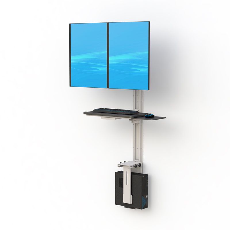 Wall-mounted computer station with dual monitors, providing an ergonomic solution for efficient workspace management.