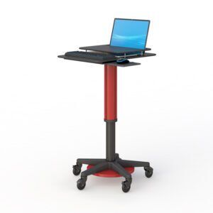 Height-adjustable laptop cart by Ergoville, designed for ergonomic use and mobility in various work environments.