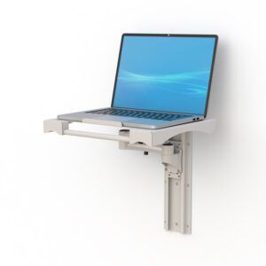 Black Wall Mounted Laptop Station with swivel arm holding laptop in ergonomic position.