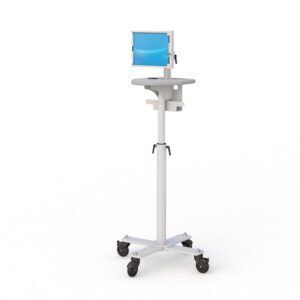 Ergonomic tablet holder floor stand by Ergoville, featuring a sturdy design for easy tablet access and improved posture.