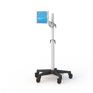 Ergonomic iPad tablet floor stand by Ergoville, crafted for remote communication with adjustable features for user convenience.