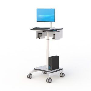 Mobile computer cart featuring a monitor arm and a protective sneeze guard, ideal for maintaining hygiene in offices.