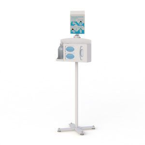 Ergoville's respiratory hygiene dispenser station stand, complete with signage to encourage proper health practices.