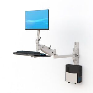 Black Wall Mounted Computer Station with flexible arm supporting desktop computer in ergonomic position.