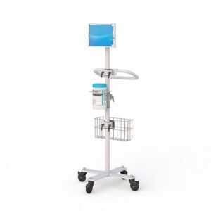 Mobile tablet cart by Ergoville, equipped with an ergonomic handle and a sanitizing receptacle for enhanced usability.