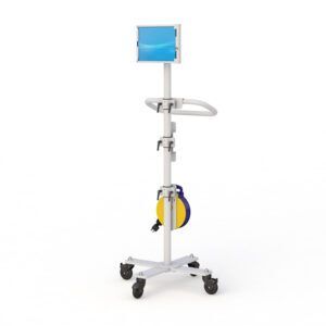 Mobile tablet cart by Ergoville, equipped with an ergonomic handle for effortless movement and accessibility of iPads.