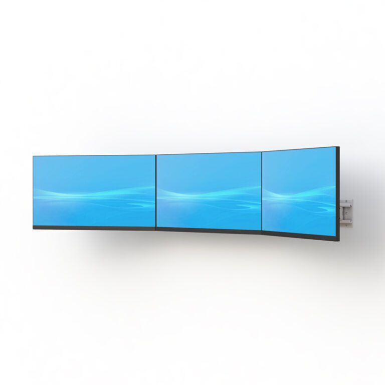 Black Three Arm Monitor Wall Mount supporting three flat screen monitors in office setup.