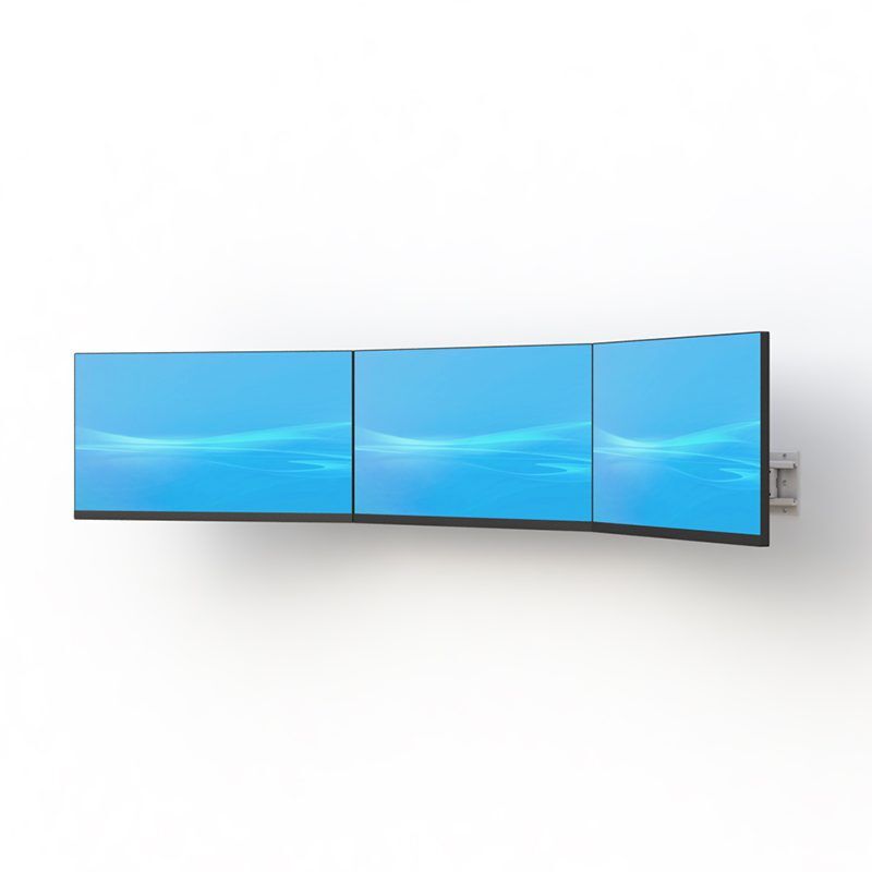 Black Three Arm Monitor Wall Mount supporting three flat screen monitors in office setup.