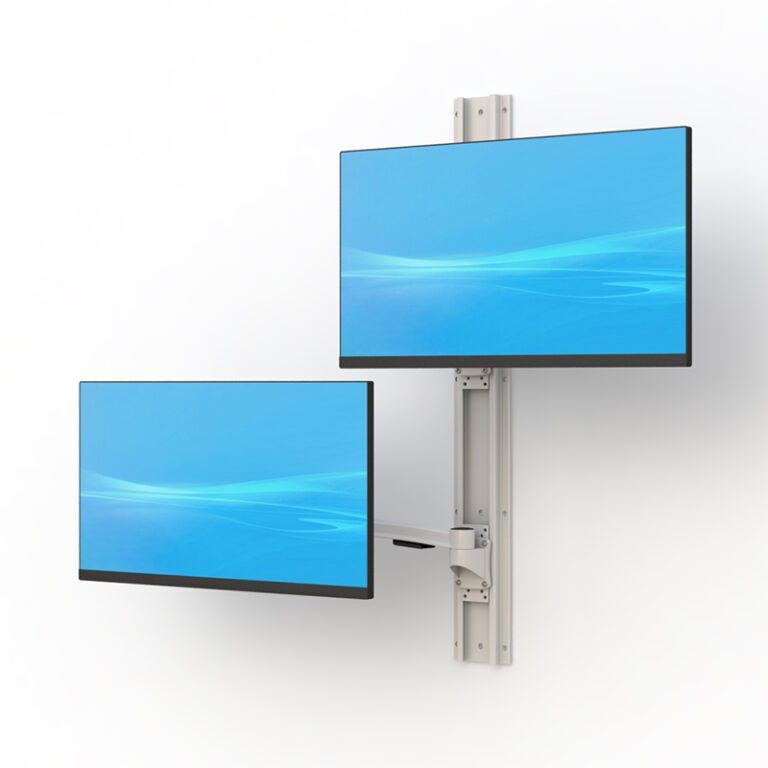 Black Dual Monitor Arm vertical wall mount supporting two displays in stacked configuration.