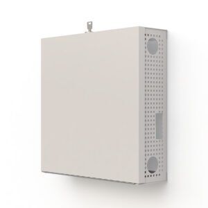 Black Wall Mounted Computer Holder securely supporting a desktop PC on office wall.