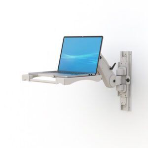Black Wall Mounted Laptop Station with flexible arm holding laptop in ergonomic position.