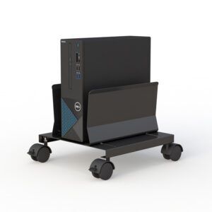 Mobile Dolly Computer Holder with casters supporting a desktop computer and monitor.