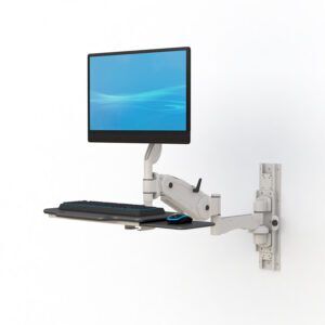 Wall Mounted Monitor and Keyboard Holder with flexible arm supporting display and keyboard.