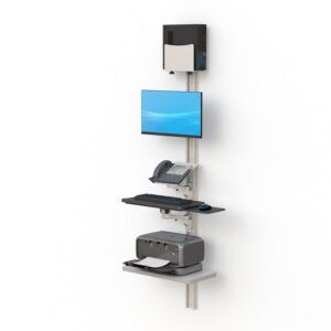 Wall mounted Computer Workstation With Phone Holder supporting monitor, keyboard and mobile device.