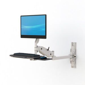 Ergoville's wall-mounted flexible monitor arm and keyboard, ideal for creating an ergonomic and organized work environment.