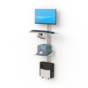 Compact wall-mounted computer workstation with a printer holder, promoting an organized and efficient work environment.