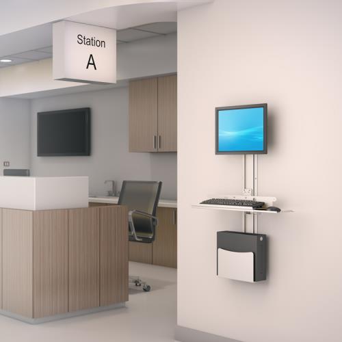 Wall-mounted computer workstation track by Ergoville, designed for efficient space utilization and ergonomic support.