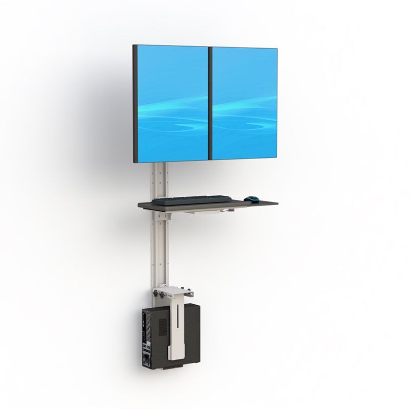 Two-monitor wall-mounted computer station by Ergoville, designed for efficient use of space and improved ergonomics.