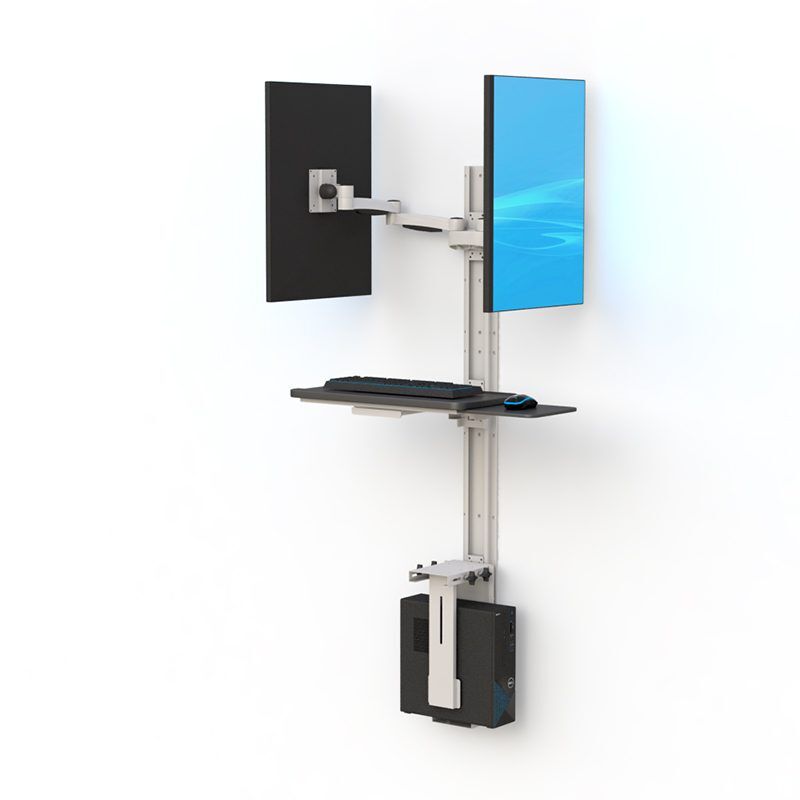 Ergonomic wall-mounted computer station with dual monitors, optimizing workspace and enhancing productivity.