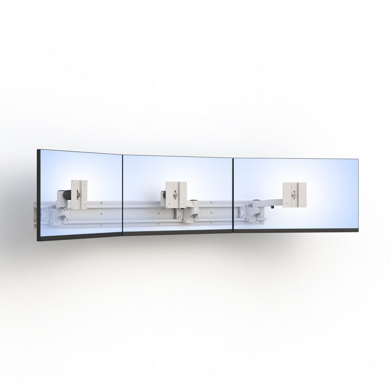 Three Arm Monitor Wall Mount with monitors at different height adjustments