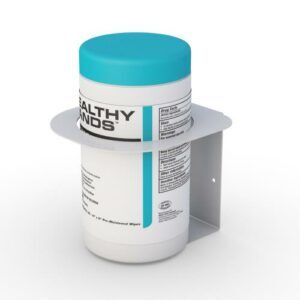 Stainless steel Antiseptic Wipe Holder mounted on hospital wall with canister inserted.