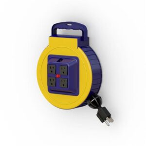 White Retractable Power Cord Reel mounted on ceiling with electrical cord extended.
