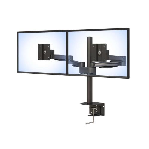 Double-arm LCD monitor stand by Ergoville, designed for ergonomic viewing and efficient workspace organization.