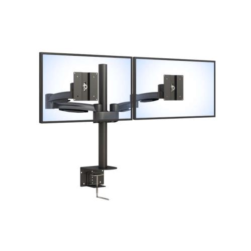 Ergonomically designed double-arm LCD monitor stand by Ergoville, promoting better posture and workspace efficiency.