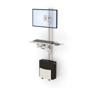 Wall-mounted computer workstation by Ergoville, featuring a retractable keyboard for improved workspace efficiency.