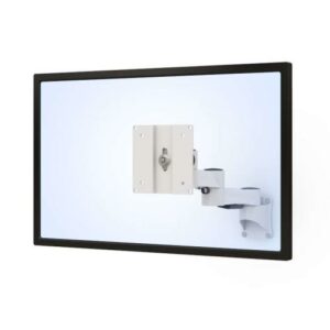The adjustable swing monitor arm by Ergoville is wall-mounted to enhance ergonomics and allow for customizable screen viewing angles.