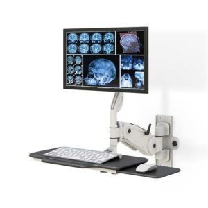 Wall Mounted Monitor Arm with integrated keyboard tray supporting display and peripherals.
