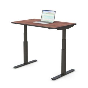 Electric sit-stand desk with a walnut surface and black frame, measuring 48 inches in width and 30 inches in depth.
