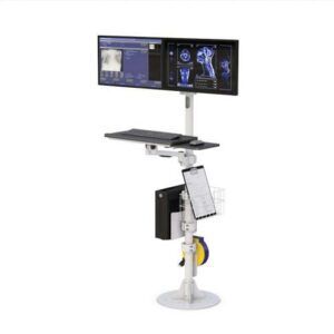 Ergoville's dual monitor stand, designed for floor installation in medical settings, optimizes space while improving user comfort and productivity.