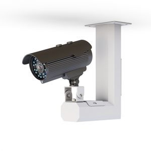 White adjustable Camera Holder mounted on a ceiling with a security camera installed.