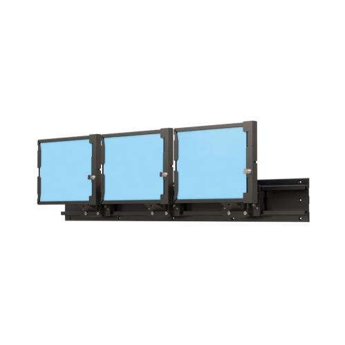 Black 3 Tablet Holder Wall Mount Bracket securely holding three tablets in vertical orientation.