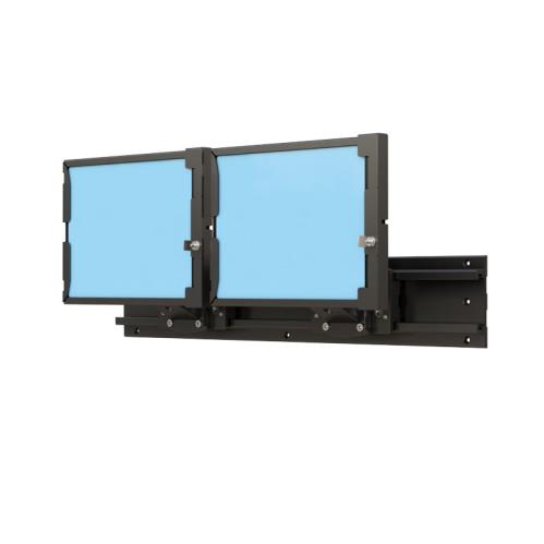 Black 2 Tablet Holder Wall Mount Bracket securely holding two tablets in vertical orientation.