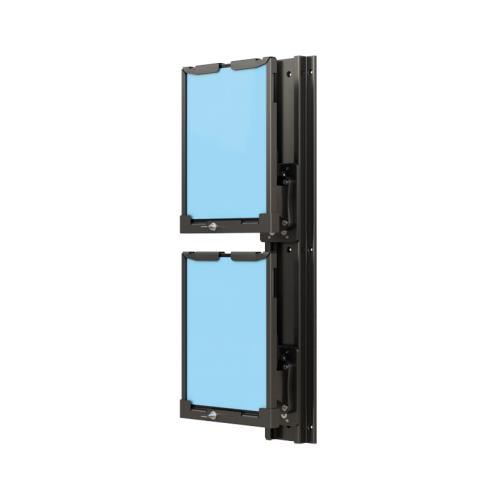 Black vertical 2 Tablet Holder wall bracket mounting two tablets in portrait orientation.