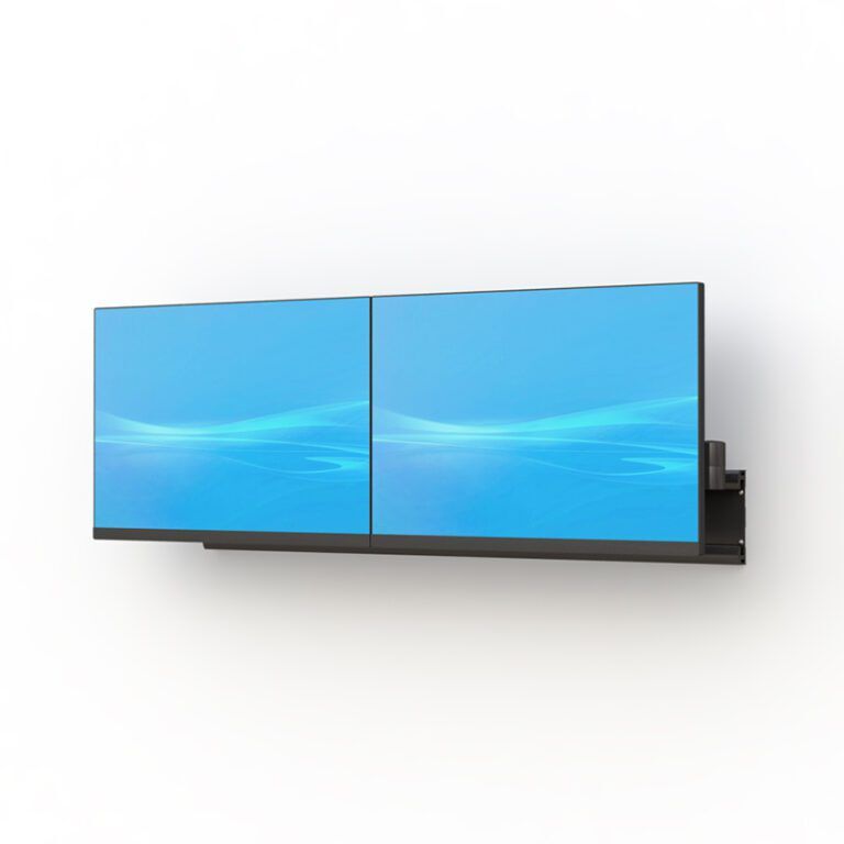 side angle view of wall mounted computer display holder bracket with dual arms