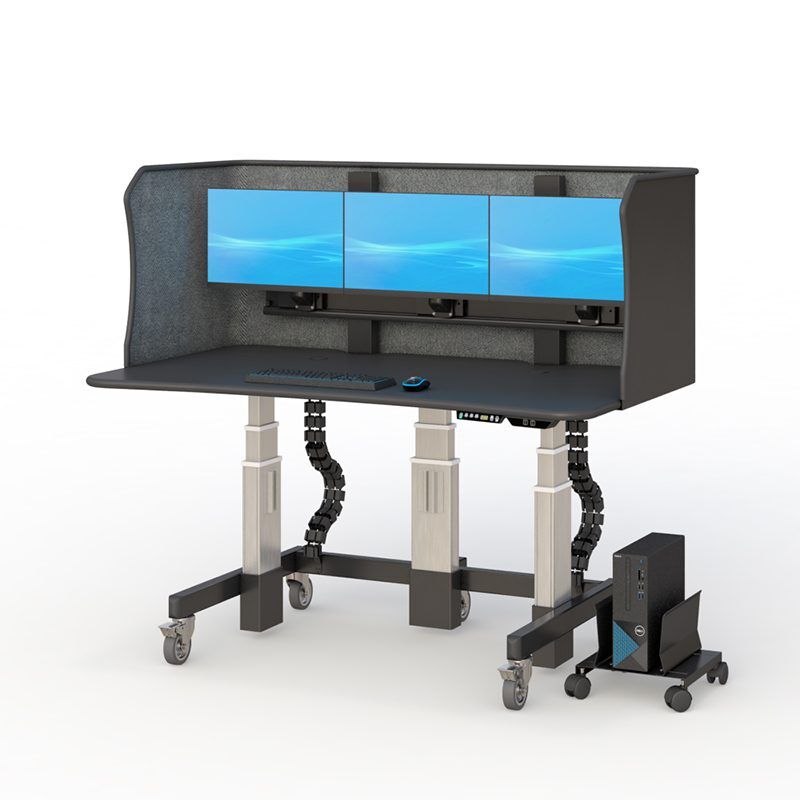 Reading workstation standing desk with dual monitor setup and height-adjustable sit-stand surface