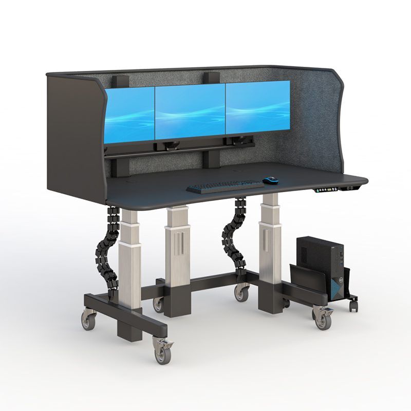 Side view of reading workstation standing desk showing adjustable monitor arms and cable management