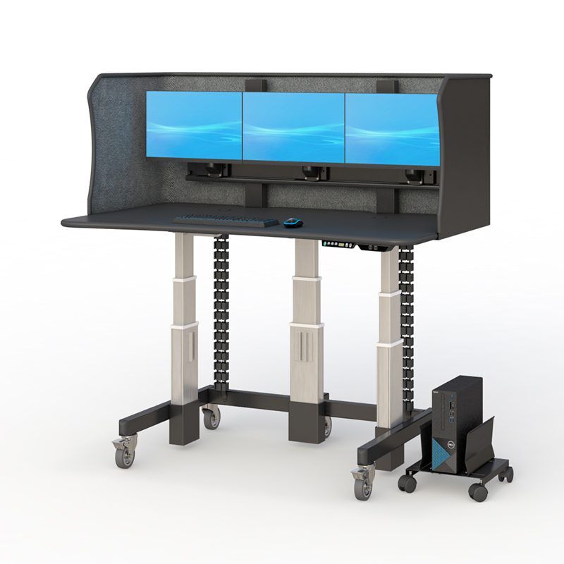 Back angle of reading workstation standing desk highlighting motorized height mechanism and base