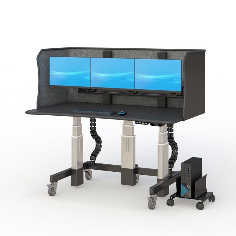 Close-up of reading workstation standing desk control panel and articulating monitor mounts
