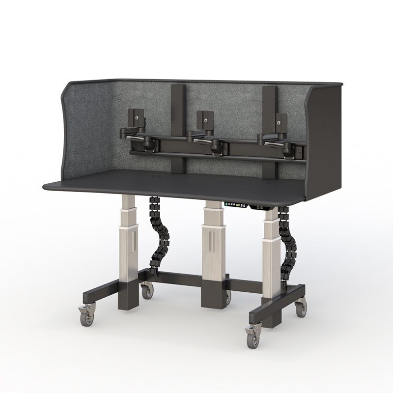 Reading workstation standing desk with subtle ambient lighting and ergonomic monitor configuration