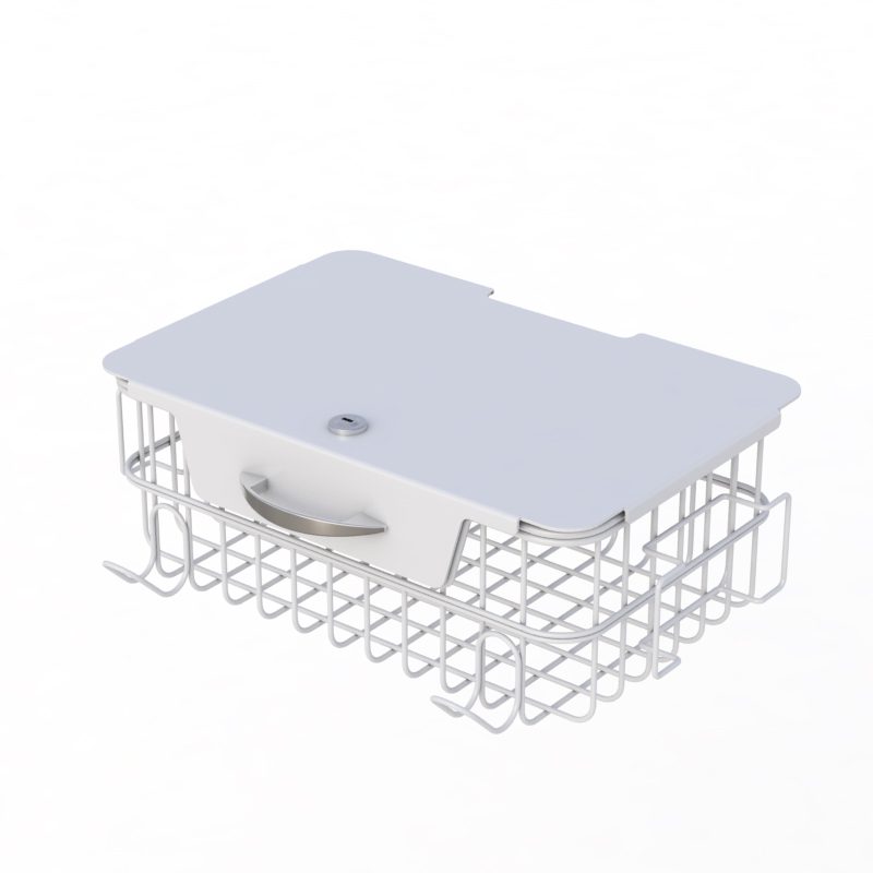 Large wire basket with a secure locking lid, designed for storage and organization by Ergoville.