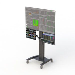 Rolling TV computer cart for medical use with adjustable height and sturdy wheeled base